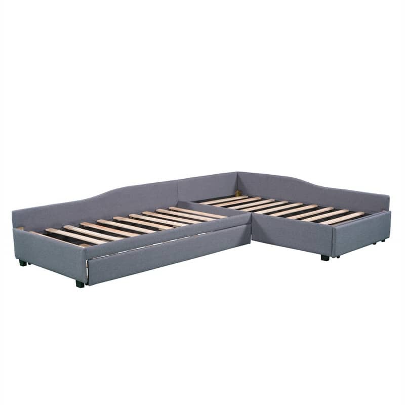 L Shaped Twin Daybed with Trundle, Upholstered Daybed with Storage Drawer, Double Twin Size Floor Platform Bed for Bedroom