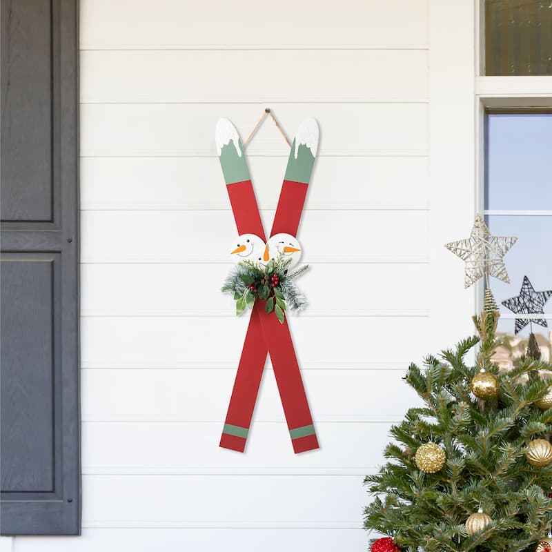 Glitzhome 35"H Christmas Wooden/Galvanized Ski Porch Decor
