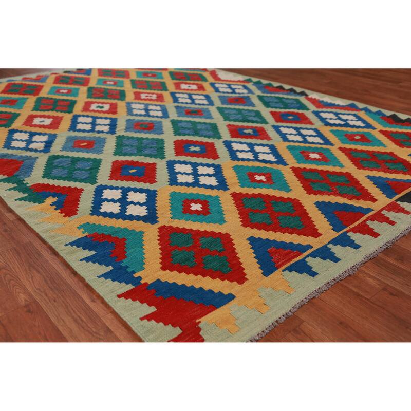Hand Woven Oriental 100% Wool Carpet Southwestern Geometric Multi-Colored Kilim Area Rug - 8' 4'' X 5' 8''