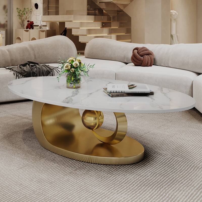 Modern Coffee Table Fish Belly White Marble Coffee Table Stainless Steel Base and Adjustable Feet, for Living Room