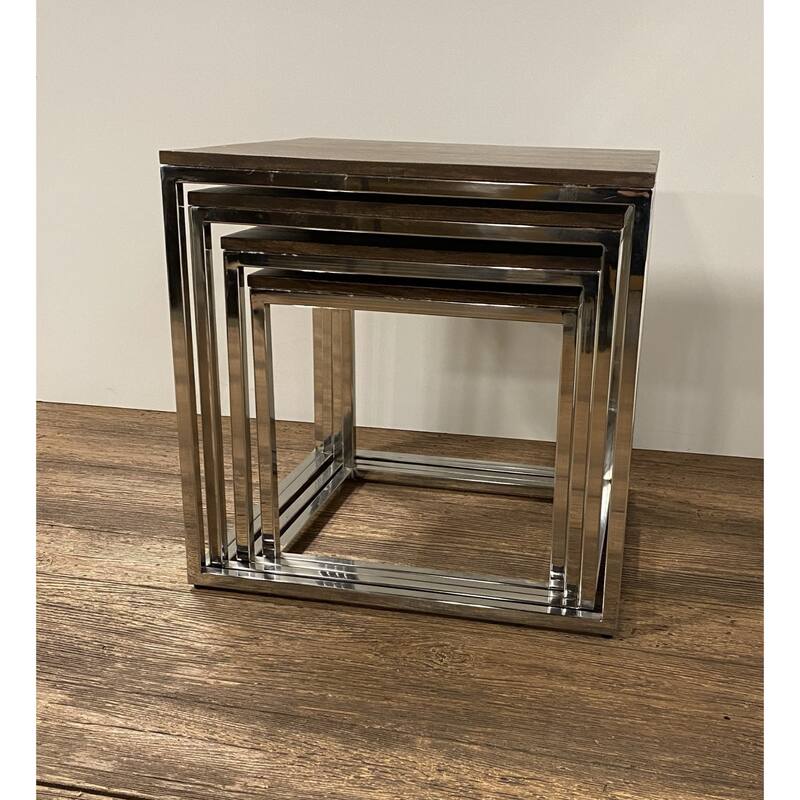 Natural Brown Solid Wood Rectangular Nesting Tables with Silver Stainless Steel Bases Set of 4
