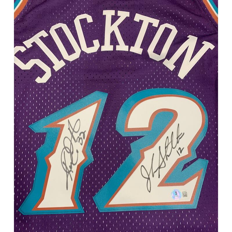John Stockton and Karl Malone Autographed Utah Jazz Signed Mitchell and Ness Swingman Basketball Jersey Beckett Beckett COA B