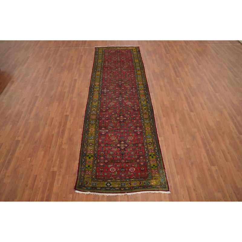 Hand Knotted Oriental 100% Wool Carpet Traditional Floral Red Hamedan Runner Rug - 12' 2'' X 3' 11''