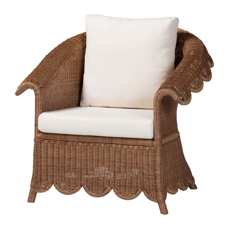 Detta Natural Rattan Armchair - Handwoven Wicker Chair with Rolled Arms and Scalloped Skirt Base, Boho Coastal Style - Peanut Brown