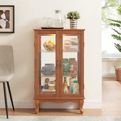 Elegant 2 Door Curio Cabinet Tempered Glass Mirrored Back Adjustable Shelves Lighted Oak
