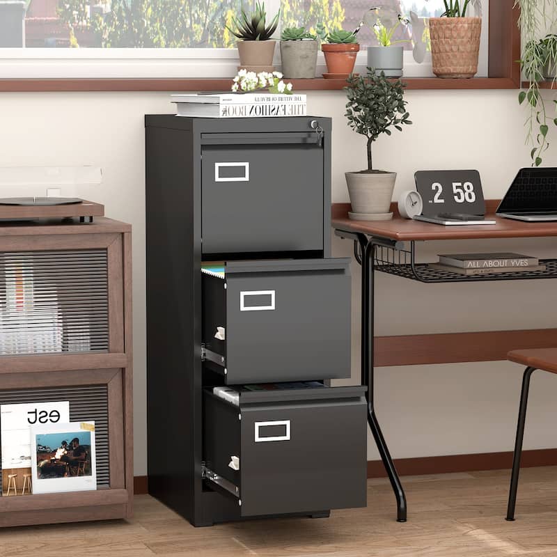 Modern 3-Drawer File Cabinet, Vertical Filing Cabinet with Lock and Anti-Tilt Design, for Home Office - Black