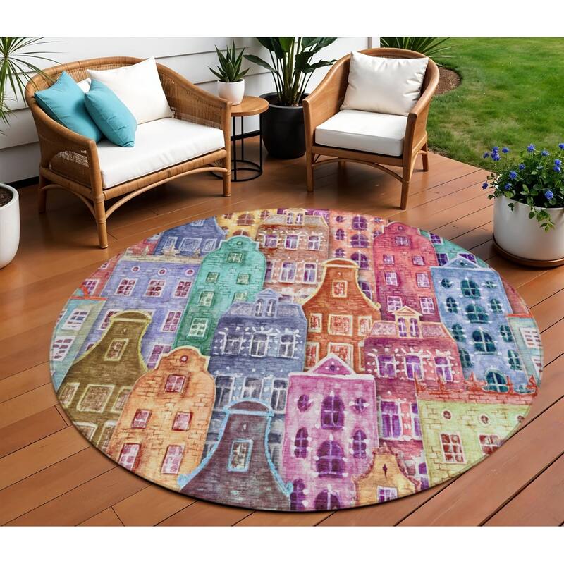 HomeRoots Village Houses Transitional Rectangle Outdoor Rug - 8' Round