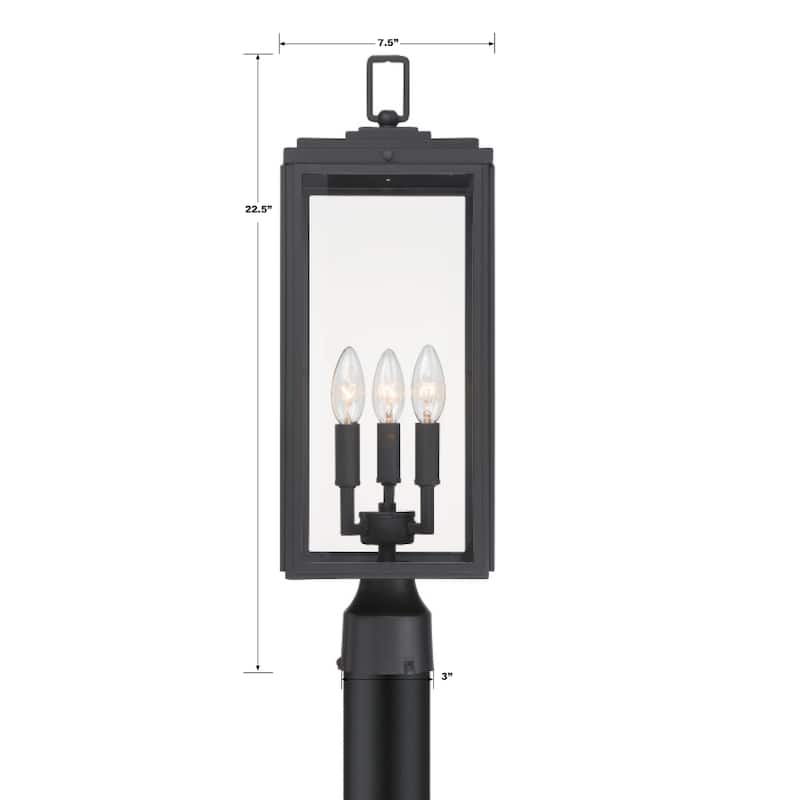 Byron 3 Light Matte Black Outdoor Lantern Post - 7.5"W x 22.25"H