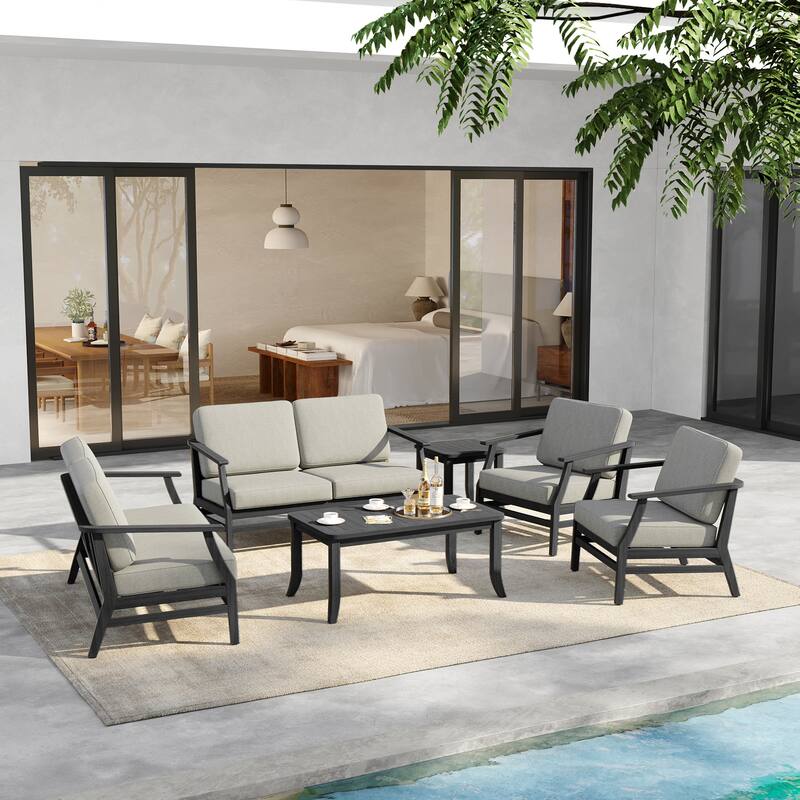 6-Seat Outdoor Teak Wood Patio Conversation Set with Cushions Tables