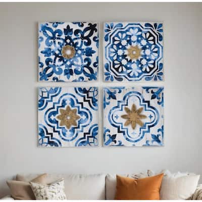 9.5 x 9.5 inch S/4 Abstract Wall Decor Accents in Blue, White and Gold - White+Blue