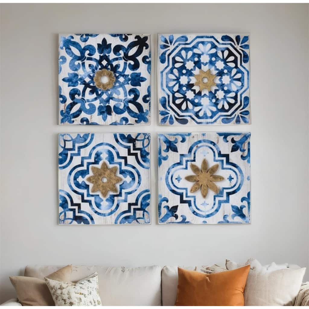 9.5 x 9.5 inch S/4 Abstract Wall Decor Accents in Blue, White and Gold - White+Blue