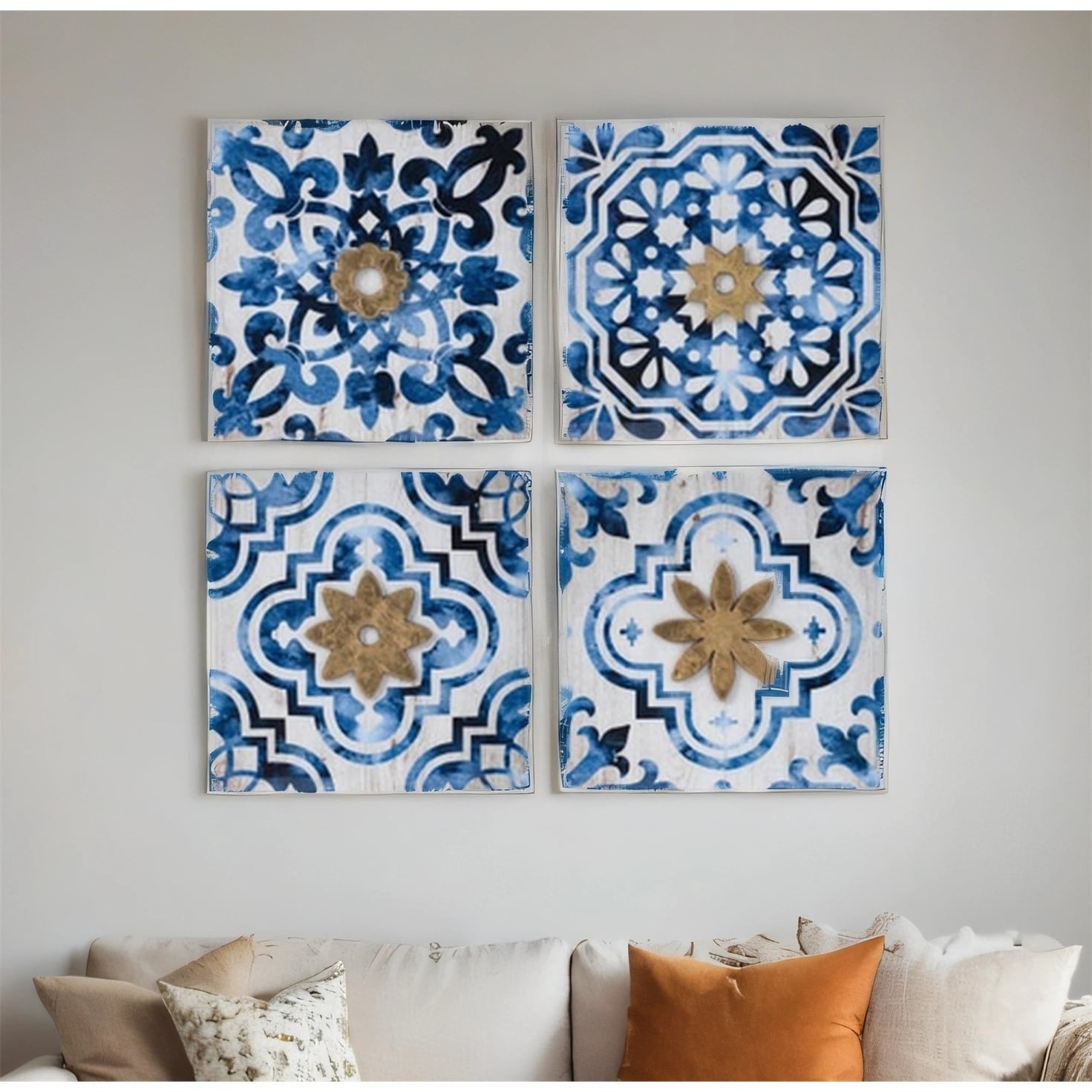 9.5 x 9.5 inch S/4 Abstract Wall Decor Accents in Blue, White and Gold - White+Blue