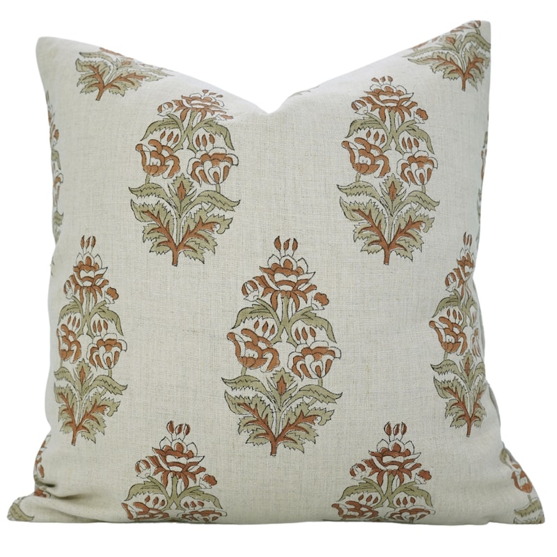 Fabdivine Minimalist Linen Handcrafted Block Print Cushion Cover, Hibiscus