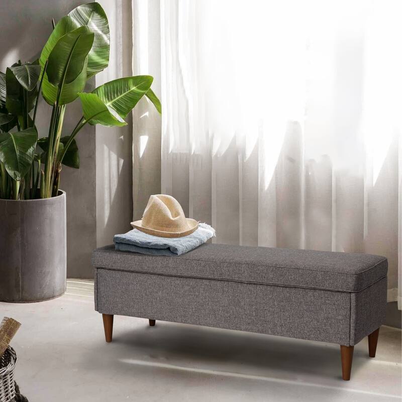 Atley Upholstered Bench with Storage and Solid Wood Legs - Grey Fabric