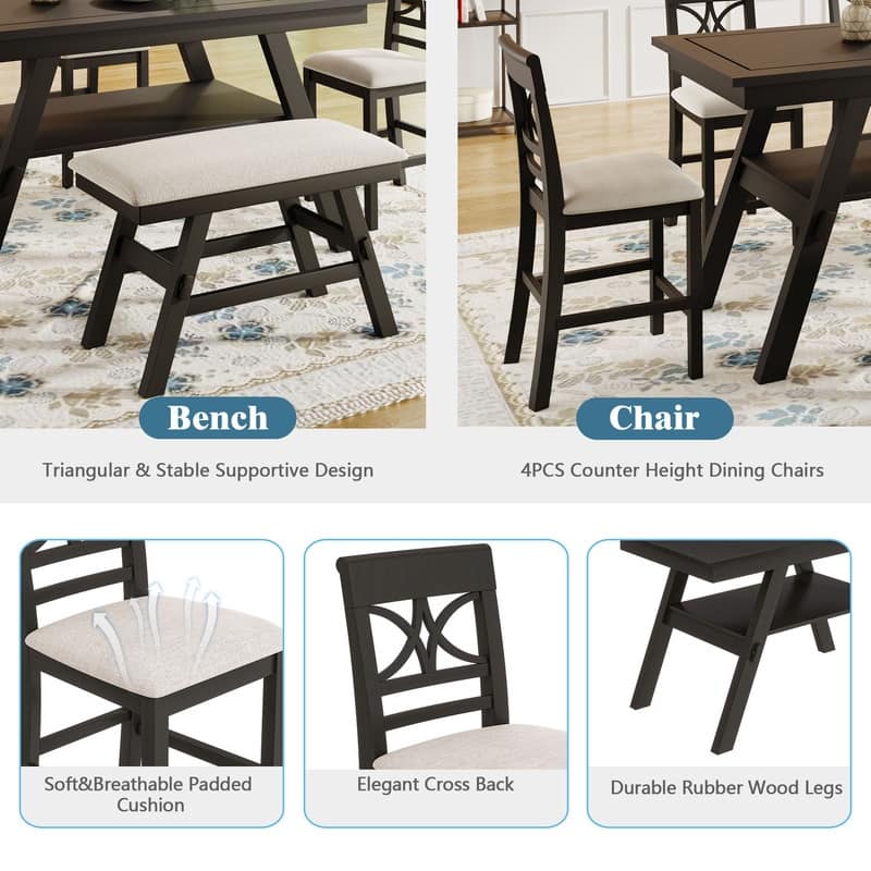 Rustic 6-Piece Counter-Height Dining Set – Wood Table with Storage Shelf, Bench & 4 Matching Chairs‌