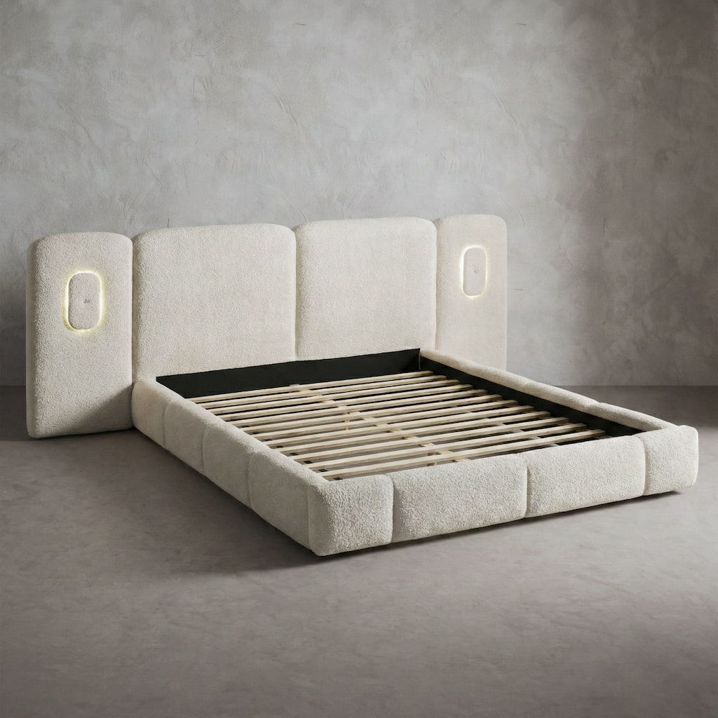 Furniture of America Ceyla Modern Ivory Boucle Platform Bed with LED Lights on Wall Panels