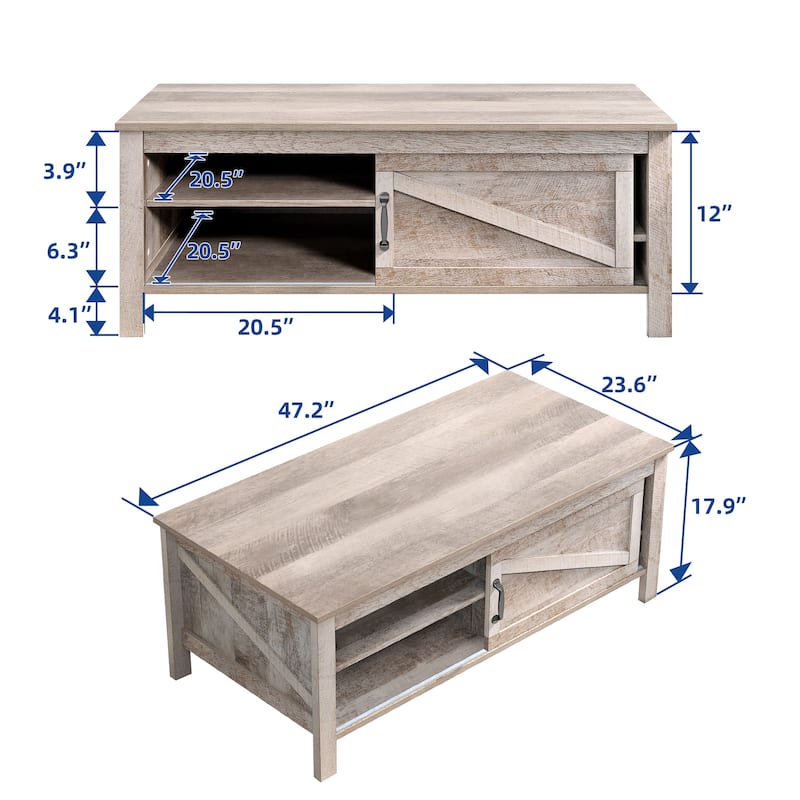 Moasis Farmhouse Rectangle 2-Tier Coffee Table with Adjustable Shelves & Sliding Barn Door