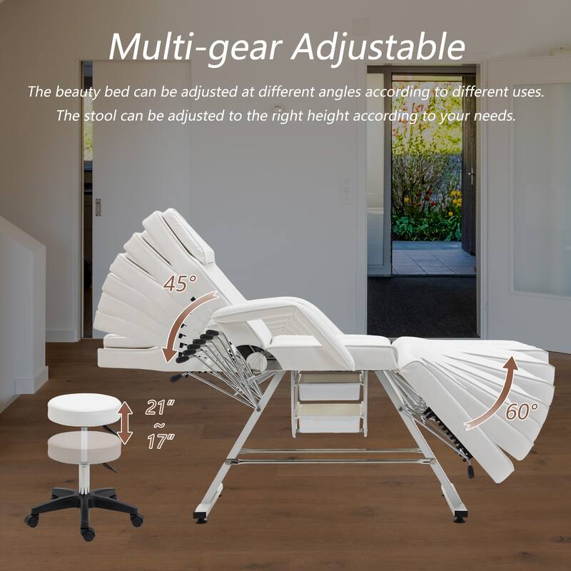 Massage Salon Tattoo Chair - 3-Section Adjustable Facial Bed with Two Trays & Hydraulic Stool, Multi-Purpose Spa Equipment