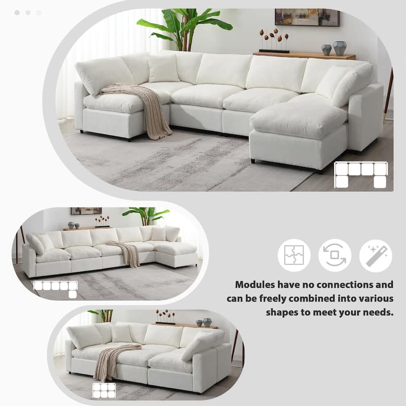 Beige 130" Chenille Cloud Upholstered Modular U-Shaped Sleeper Sectional Sofa, 6-Piece Free Combination with Removable Ottoman