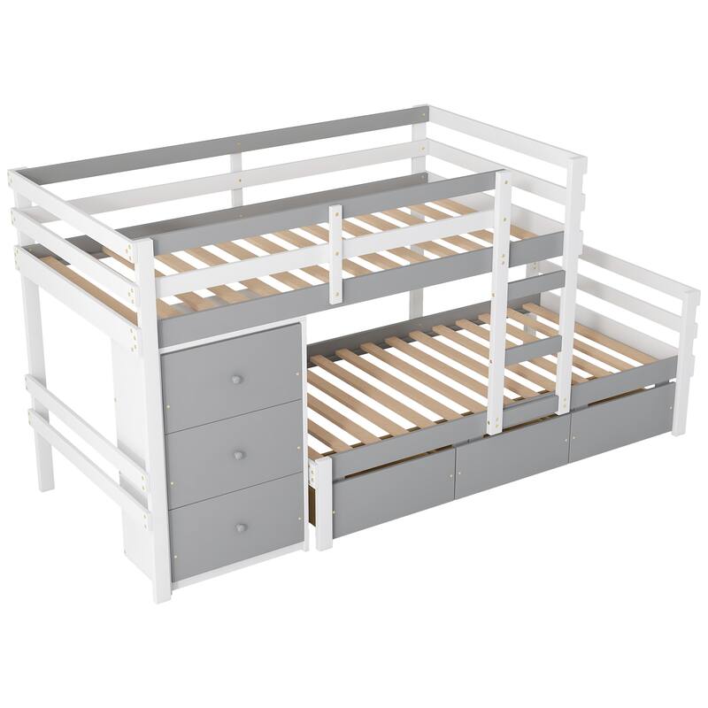 Roomfitters Twin over Twin Loft Bunk Bed with Built-in Ladder, Storage Compartments and Guardrails