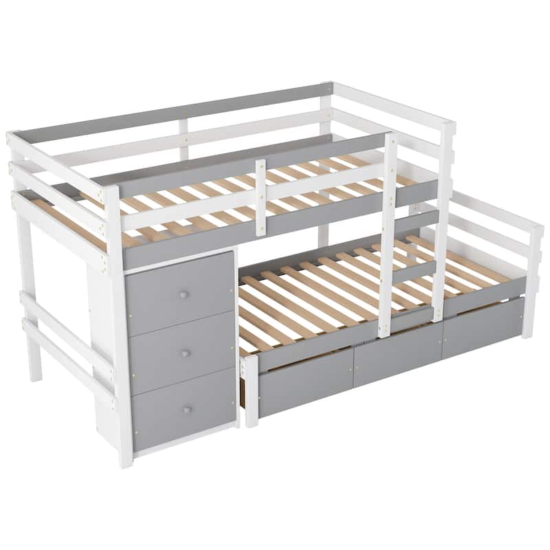 Twin over Twin Loft Bunk Bed with Drawers and Ladder, Gray