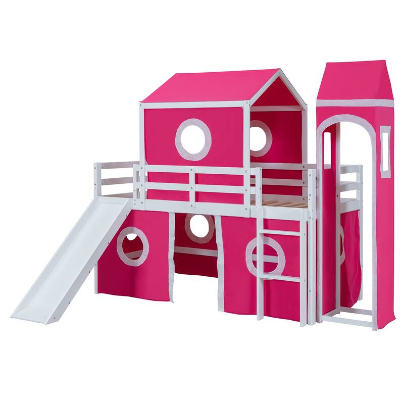 Twin Size Loft House Bed with Slide, Tent, & Tower