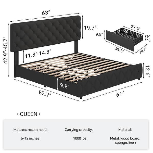 dimension image slide 0 of 6, Bed Frame with 4 Storage Drawers, Linen Upholstered Platform Bed Frame with Adjustable Headboard