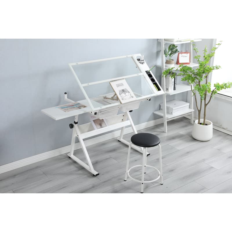 Adjustable Drafting Drawing Table Student Desks Writing Desks Art Desk Drafting Desk Hutch Desk with Stool and 3 Drawers