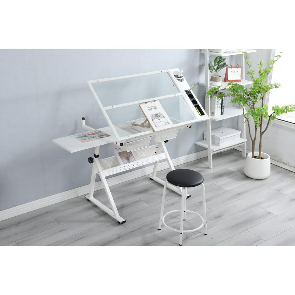 adjustable tempered glass drafting printing table with chair
