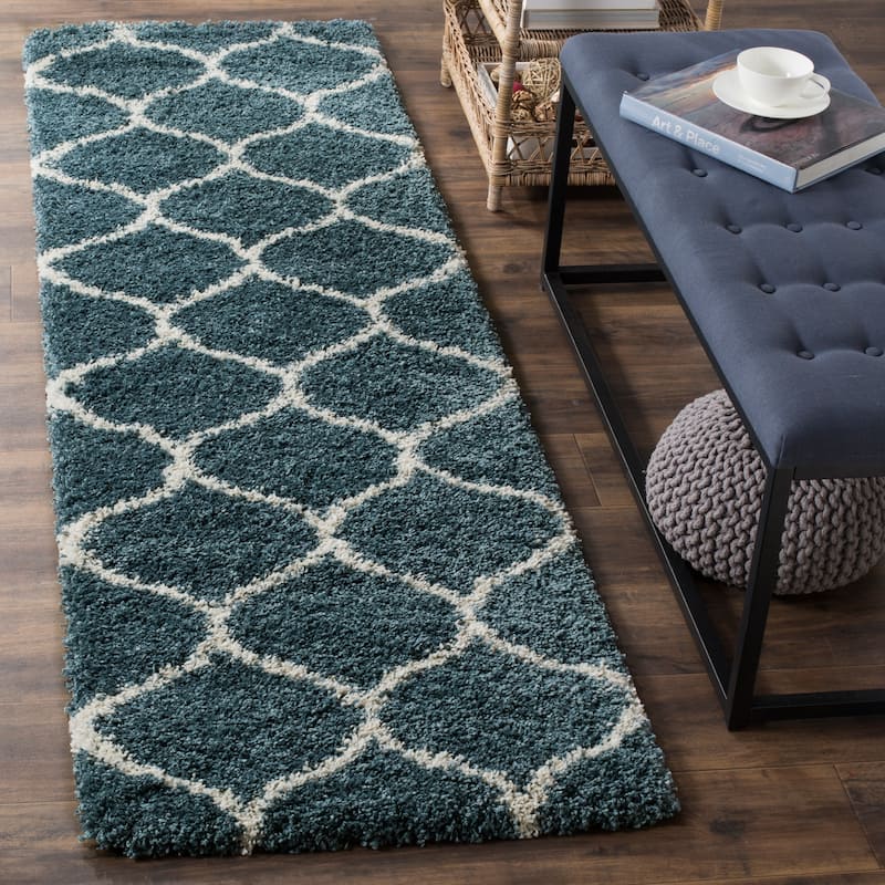 SAFAVIEH Hudson Shag Pushpa Trellis 2-inch Thick Area Rug - 2'3" x 14' Runner - Slate Blue/Ivory