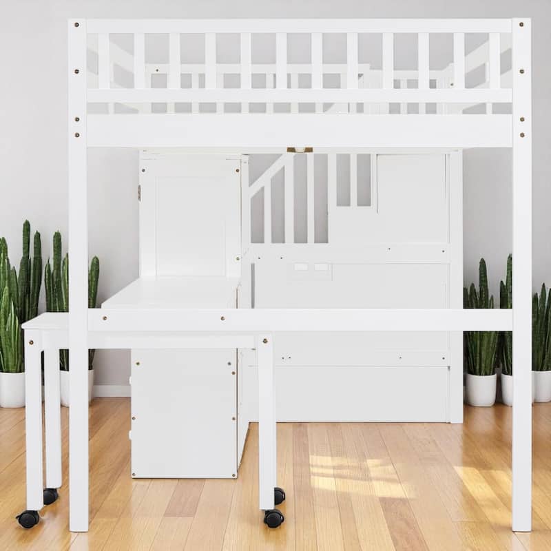 Twin/Full Size Loft Bed with Desk, Wardrobe, Drawers & Stairs, Wood Frame Study Bed with Storage for Kids/Teens