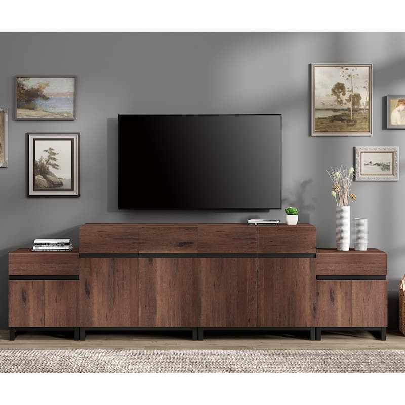 Modern TV Stand for TVs up to 70 Inches, 4-in-1 Entertainment Console with Storage Cabinets and 2 End Table, Media Cabinet - 3 piece - Brown