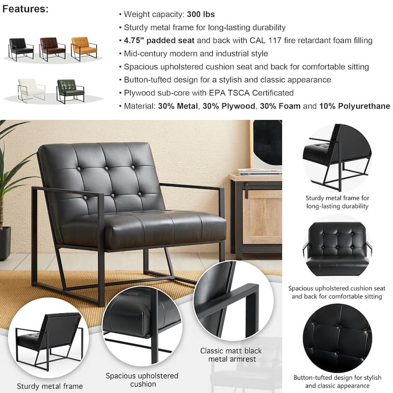 Glitzhome 29.50"W Mid-Century PU Leather Tufted Accent Chair - 29.5"W x 30.5"H x 29.25"D