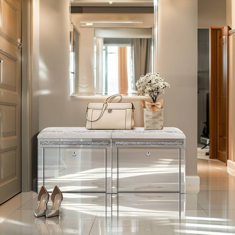 Pre-Assembled Mirrored Shoe Storage Bench with Flip Drawer Silver