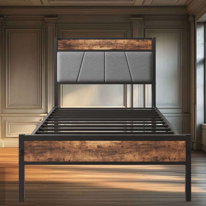 Twin Size Bed Frame with Storage Headboard and Charging Station, Metal & Wood, No Box Spring Needed