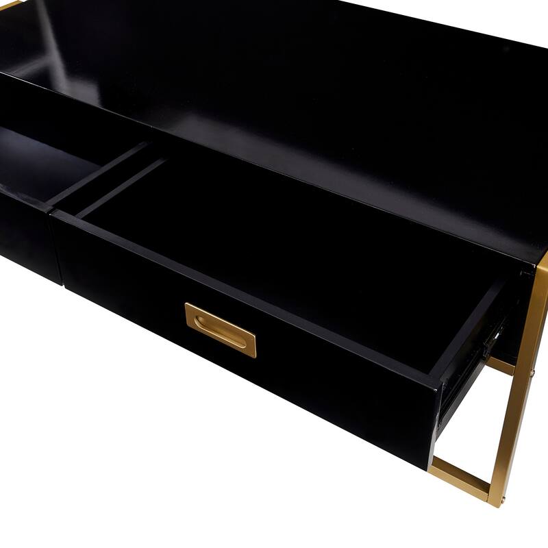 Luxury Coffee Table, Rectangular Center Table for Living Room, Modern Large Coffee Tables with 2 Storage Drawers & Gold Leg