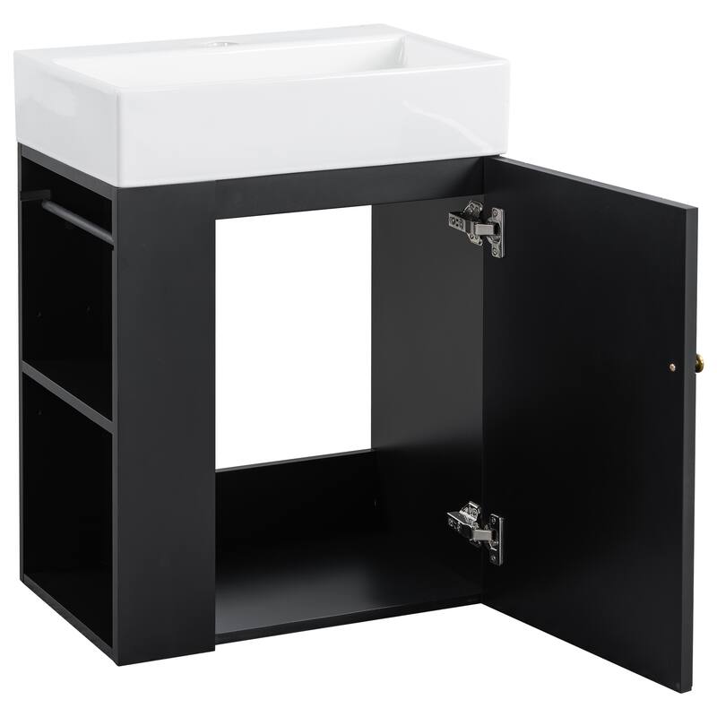 20 Inch Bathroom Vanity with Ceramic Sink, Diamond Pattern Door Design, Gold Handle & Side Storage Shelves