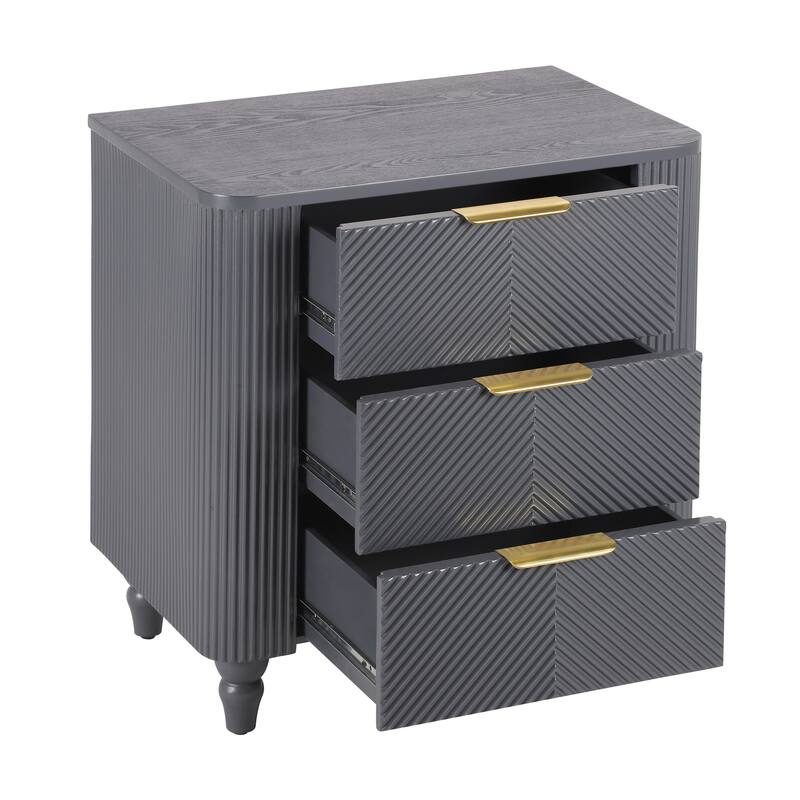 Mid-Century Fluted 3 Drawers Nightstand, Bedside Table with Curved Profile Design and Wide Gold Glossy Handles