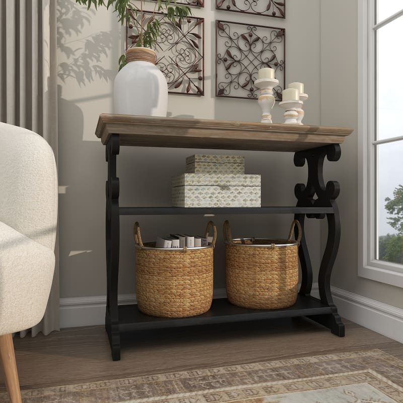 White Wood Scroll Side Frames 2 Shelf Console Table with Brown Wood Top - White or Black