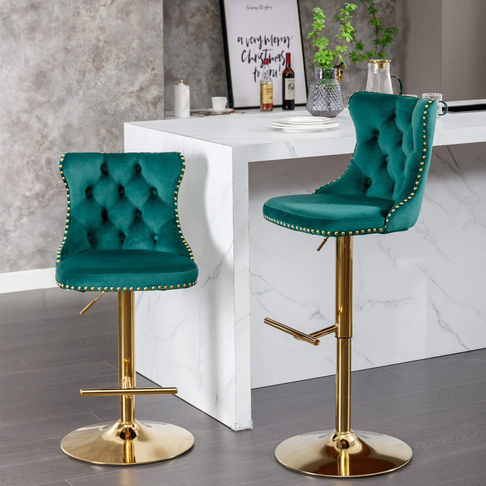 360 Swivel Thickened Velvet Barstools with Adjusatble Seat Height Comfortable Tufted Backs Set of 2
