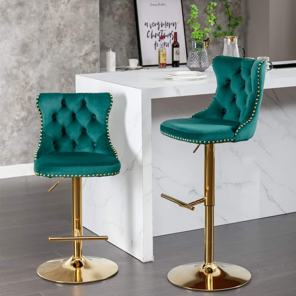 Furniture,Golden Swivel Velvet Barstools Adjusatble Seat Height from 25-33 Inch, Modern Upholstered Bar Stools