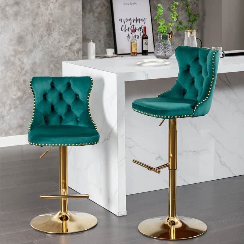 Ostweer Furniture Classic Velvet Upholstered Swivel Barstools Black Set of 2 - Green Silver