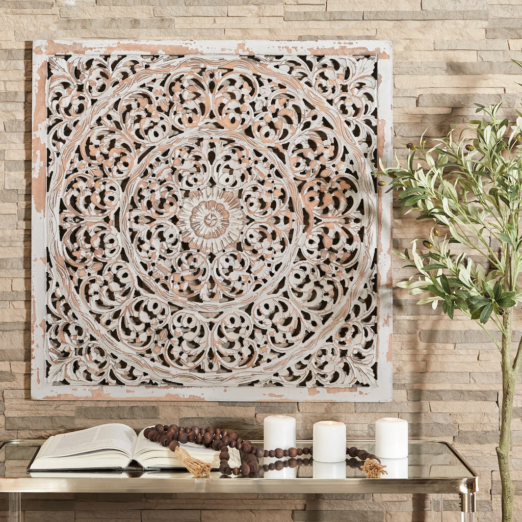 Gray Wooden Handmade Carved Scroll Mandala Floral Home Wall Decor with Brown Distressing