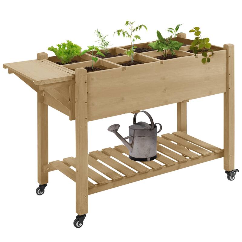 Outsunny 49'' x 21'' x 34'' Raised Garden Bed w/ 8 Grow Grids, Outdoor Wood Plant Stand w/ Storage Shelf and Lockable Wheels