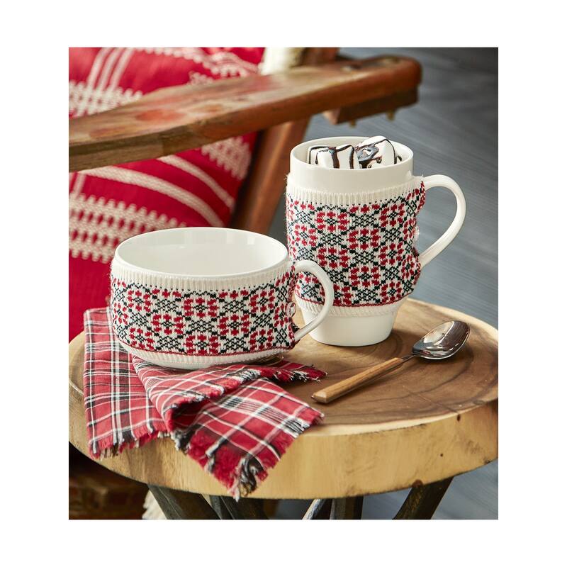 Winter Sketches Red and Blue Print Flower Sweater Mug Covered Bone China Dishwasher Safe Mug 18.0 oz
