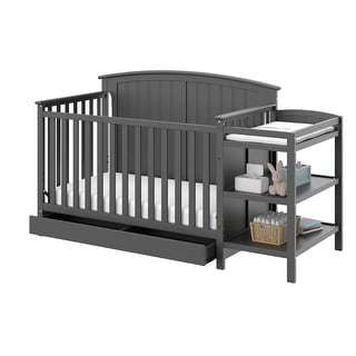 Storkcraft Steveston 4-in-1 Convertible Crib and Changer - 2 Open Shelves, Water-Resistant Vinyl Changing Pad with Safety Strap