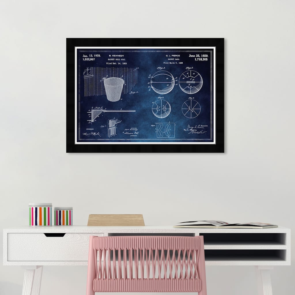 Wynwood Studio 'Basketball and Hoop Blue Chalkboard' Sports and Teams Blue Wall Art Framed Print