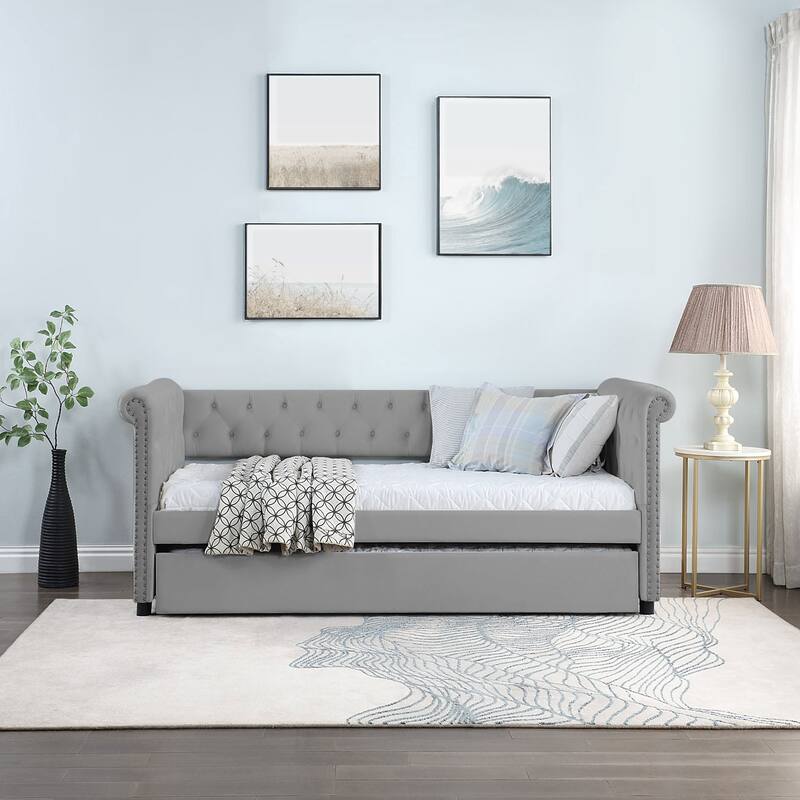 Daybed with Trundle Upholstered Tufted Sofa Bed with Beautiful Round Armset Design