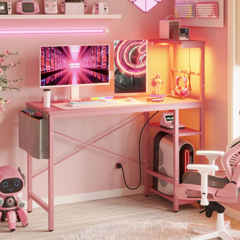 Computer Desk Home Office Desk with LED & Adjustable Shelves