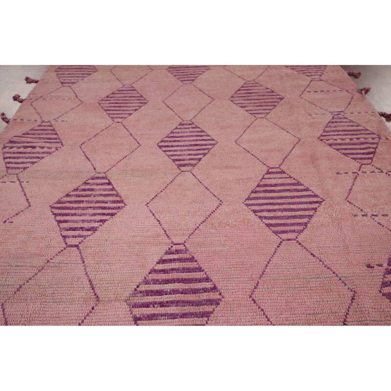 All-Over Pink Geometric Moroccan Area Rug Handmade Wool Carpet - 7'7"x 12'5"